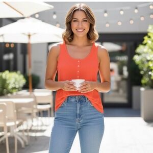 Gap Henley Tank Top Women Size S Orange Coral Sleeveless Scoop Neck Button Front